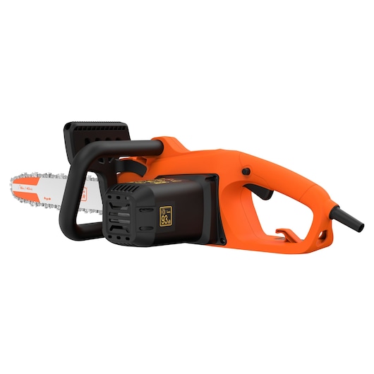 BLACK+DECKER electric chainsaw model BECS2040, featuring an orange and black body with a visible power cord and safety handles.
