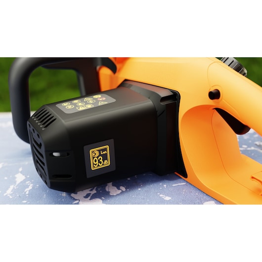 Close-up side view of BLACK+DECKER BECS2040 chainsaw handle and motor in orange and black with noise level label.