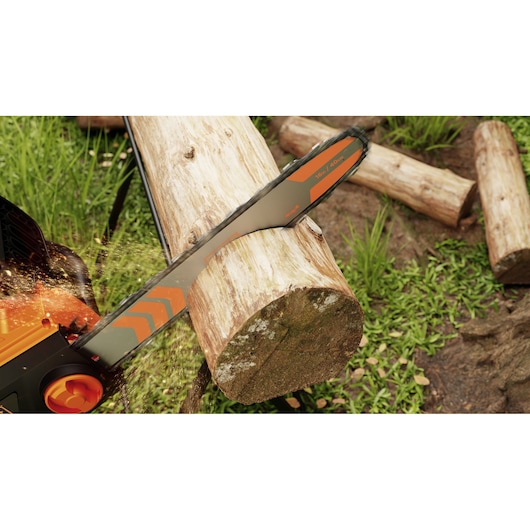 BLACKDECKER BECS2040 chainsaw cutting through a log outdoors with sawdust flying, close-up action view.