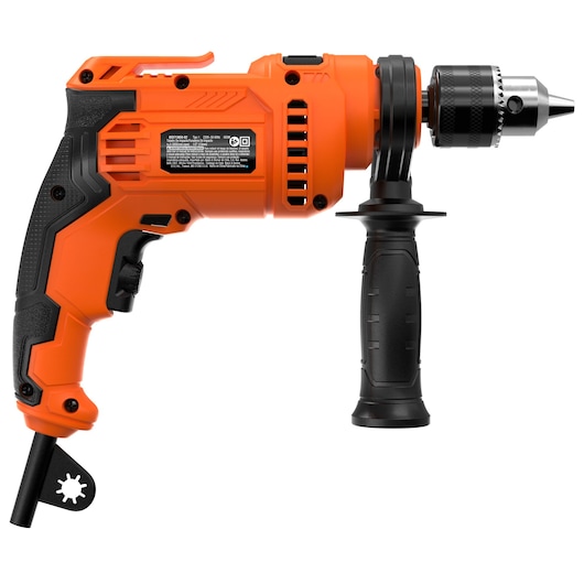 BLACKDECKER BED713650-B2 orange corded drill with black side handle, right side view, photography.