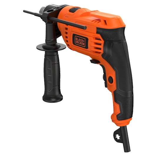 BLACKDECKER BED713650-B2 orange and black corded hammer drill with side handle, front angle.