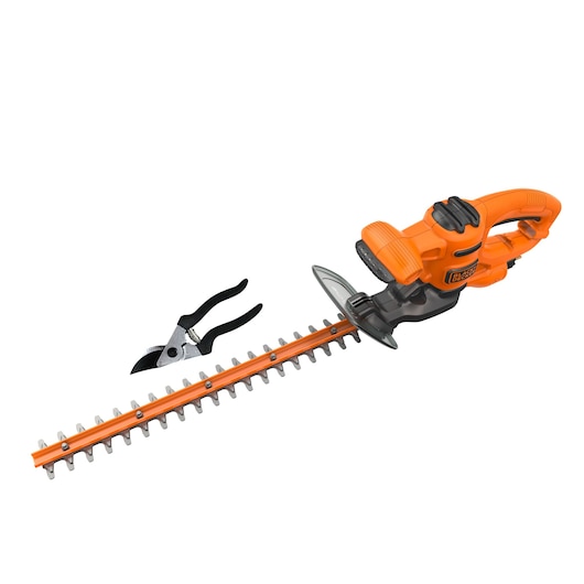 BLACKDECKER BEHT201K orange hedge trimmer with black pruning shears, side angle, white background.
