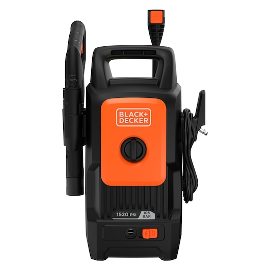 Front view of a BLACK+DECKER BEPW1520 pressure washer. The device is black with an orange panel, visible handle, hose, and power cable. It features a clearly marked brand logo and pressure indicators (1520 PSI / 105 BAR).