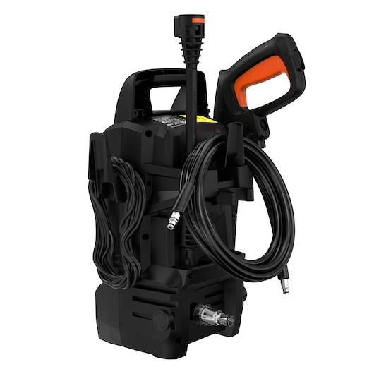 A BLACK+DECKER pressure washer with a black and orange compact design. It features a handle, trigger gun, and hoses stored neatly around the unit. The pressure washer is designed for outdoor cleaning tasks.