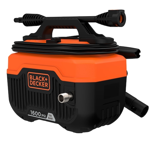 Photo of BLACK+DECKER BEPW1600H compact pressure washer, black and orange, with hose and handle, front angle.