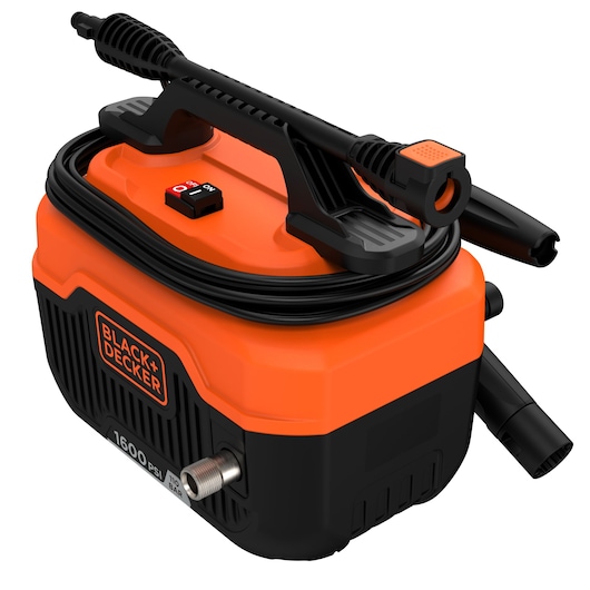 BLACKDECKER BEPW1600H portable pressure washer, orange and black, front angle on white background