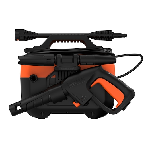 BLACKDECKER BEPW1600H compact pressure washer front angle, black and orange casing with attached spray gun.