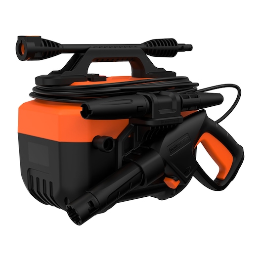 BLACKDECKER BEPW1600H orange and black portable pressure washer, side angle on white background.