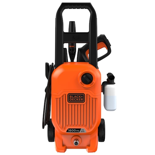 Front angle photo of BLACK+DECKER BEPW1600L orange pressure washer with detergent bottle and hose.