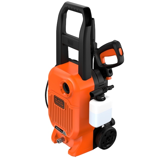 BLACKDECKER BEPW1600L pressure washer, orange and black, side angle, with wheels and detergent tank