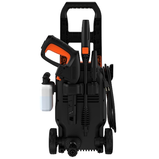BLACK+DECKER BEPW1600L pressure washer front view, black and orange design with detergent bottle and hose attached.