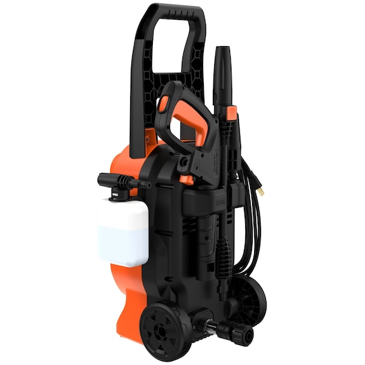 BLACKDECKER BEPW1600L pressure washer, black and orange, front angle, detergent tank and wheels visible