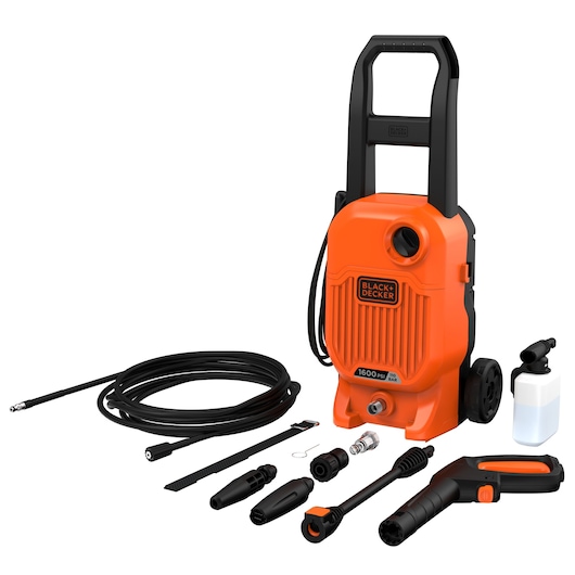 BLACKDECKER BEPW1600L orange and black pressure washer with accessories, front angle, white background.