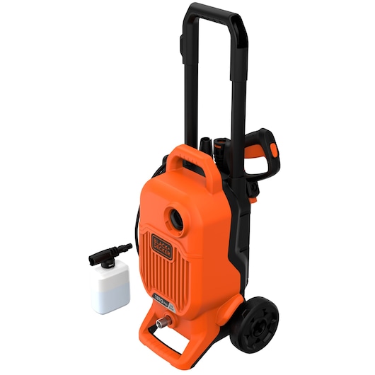 BLACKDECKER BEPW1800T orange and black pressure washer with wheels and detergent bottle, front angle.