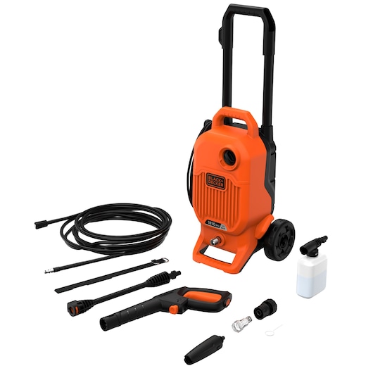 BLACKDECKER BEPW1800T pressure washer with accessories, orange and black, front angle, white background.