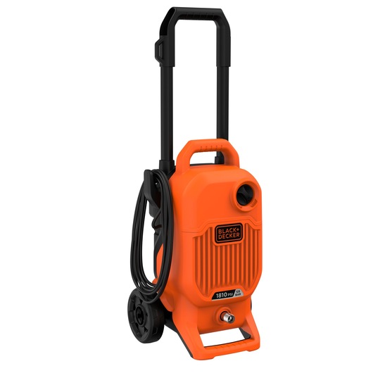 BLACKDECKER BEPW1800T orange pressure washer front angle with wheels and telescopic handle.
