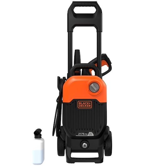 Front view photo of BLACKDECKER BEPW2200 pressure washer, orange and black, with accessory bottle beside.