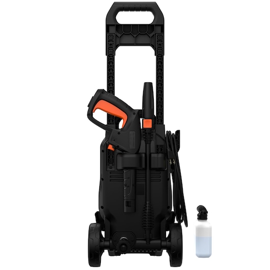 BLACKDECKER BEPW2200 pressure washer front view with soap bottle on white background.