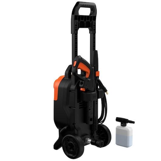 BLACKDECKER BEPW2200 pressure washer, black and orange, front angle, with detergent bottle accessory.