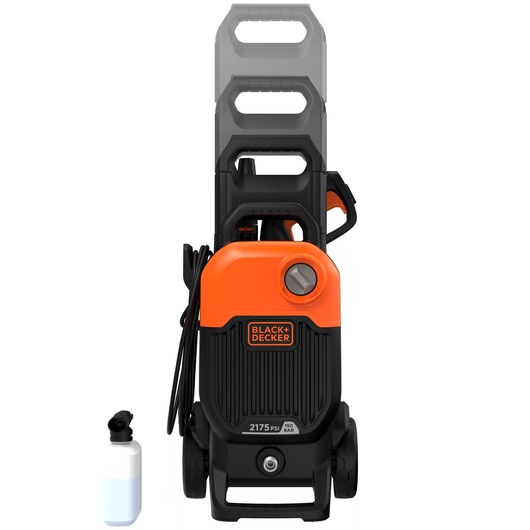 BLACKDECKER BEPW2200 black and orange pressure washer front angle, includes detergent bottle.