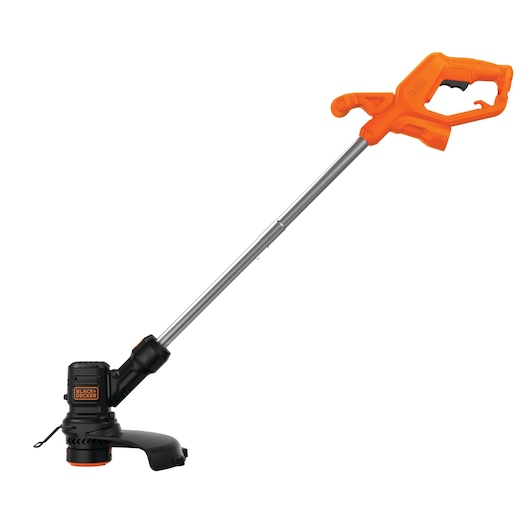 BLACKDECKER BEST935 string trimmer with orange handle and silver shaft, side view on white background.