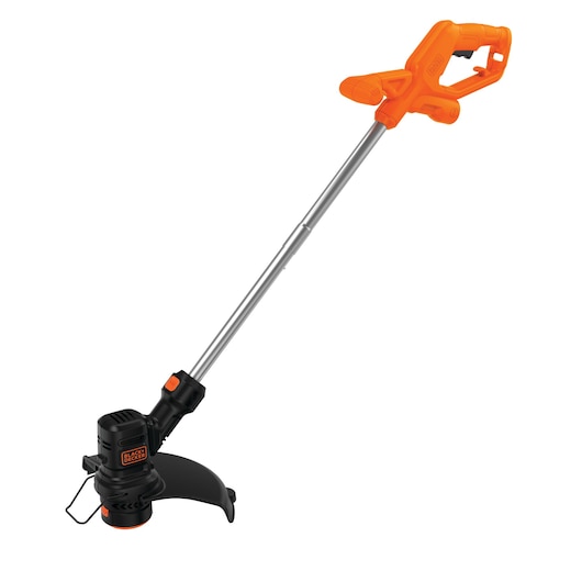 Photo of BLACKDECKER BEST935 string trimmer, black and orange, side angle on white background.