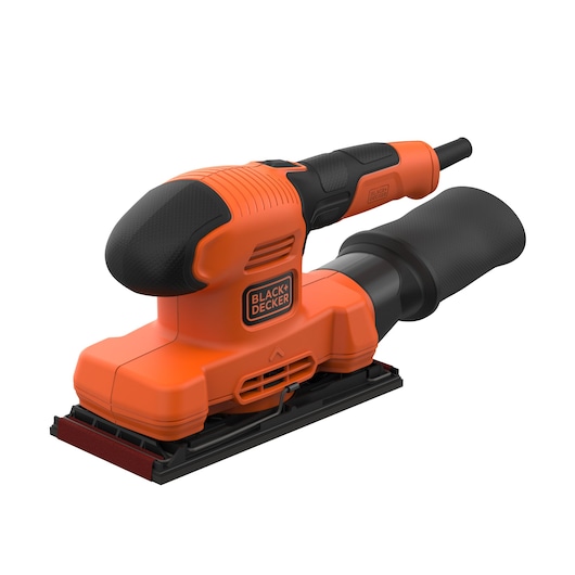 BLACKDECKER BEW220 orange and black electric sheet sander side angle on white background.
