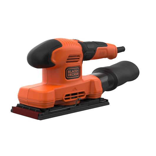 BLACKDECKER BEW220 orange rectangular electric sander, side angle, with black grip and dust collector.