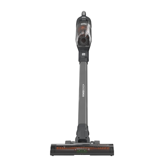 Front view of BLACKDECKER BHFEA18D1 cordless stick vacuum cleaner, gray with transparent dustbin on white background.