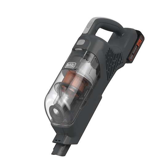 BLACKDECKER BHFEA18D1 cordless handheld vacuum cleaner, black and orange, front angle on white background.
