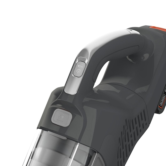 BLACK+DECKER BHFEA18D1 handheld vacuum, black and silver, close-up of handle and control buttons, white background.