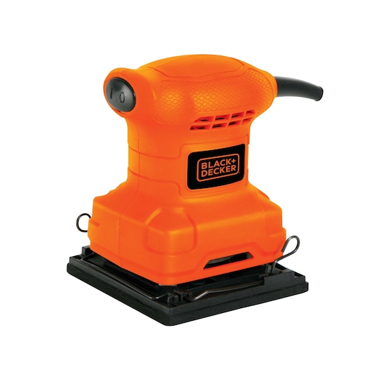 BLACKDECKER BS200 orange electric sander, angled front view, black base, white background.