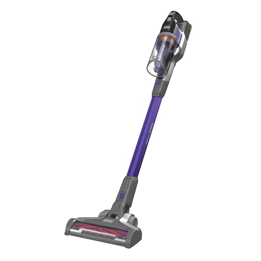 BLACKDECKER BSV20PET cordless stick vacuum cleaner with purple wand, side angle on white background.