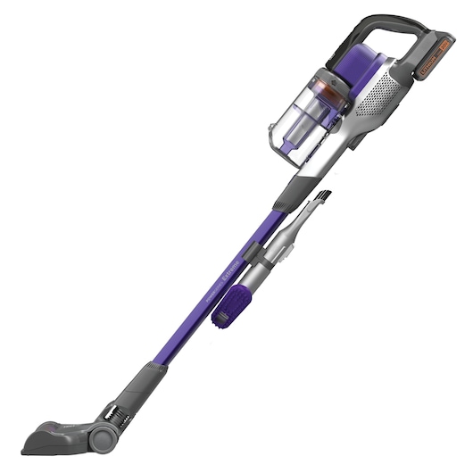 BLACKDECKER BSV20PET cordless stick vacuum, purple and gray, side angle, photography on white background.