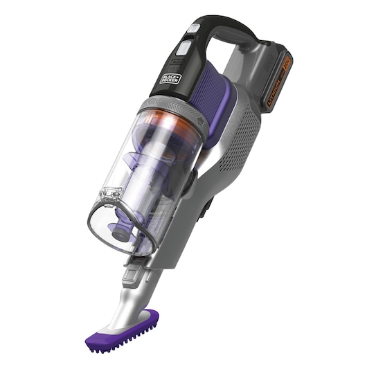 BLACK+DECKER BSV20PET cordless pet vacuum, silver and purple, angled view on white background.