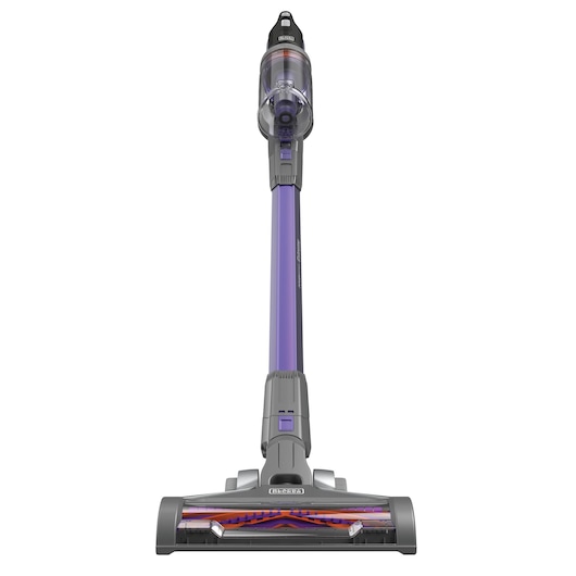 BLACKDECKER BSV20PET cordless stick vacuum in purple, front angle on white background.