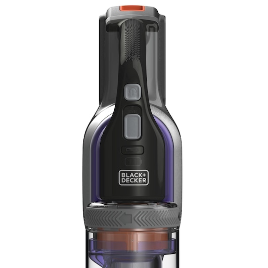 BLACK+DECKER BSV20PET handheld vacuum cleaner front view, black and purple design, visible controls and brand logo.