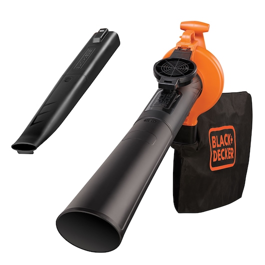 BLACKDECKER BV25 leaf blower vac with black tube attachment and removable collection bag, white background front angle.