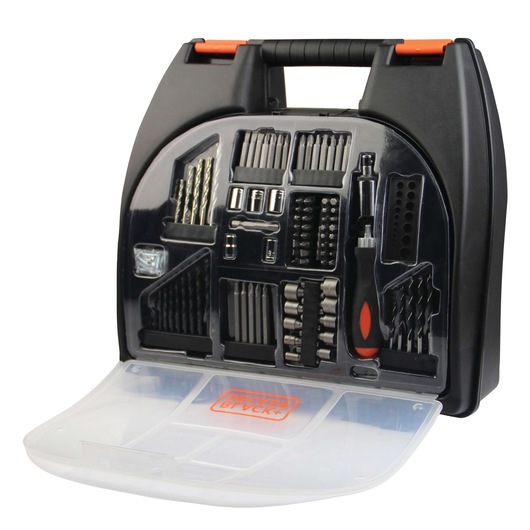 BLACKDECKER CD121K100 tool kit with drill bits and screwdriver set in black plastic case, front angle.