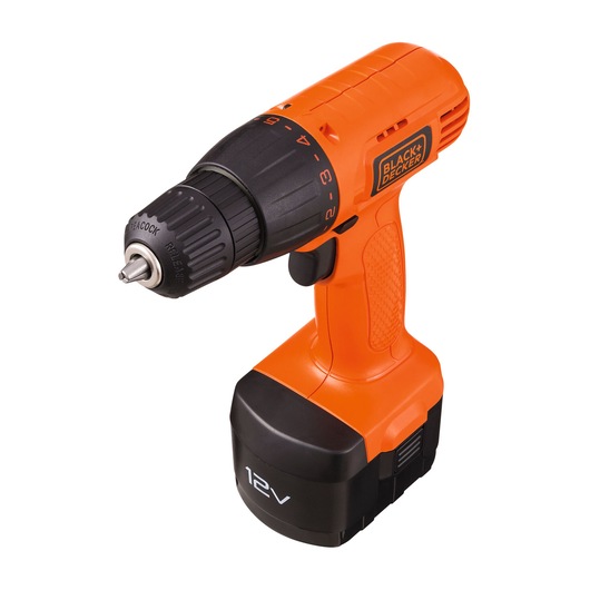 BLACK+DECKER CD121K100 cordless orange drill with black chuck, 12V battery, angled on white background.