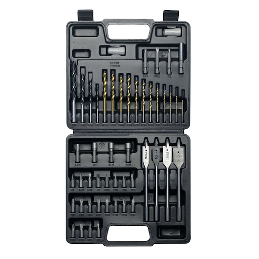 BLACKDECKER drill and bit set CD121K50 in black plastic case, top-down view, assorted sizes and types.