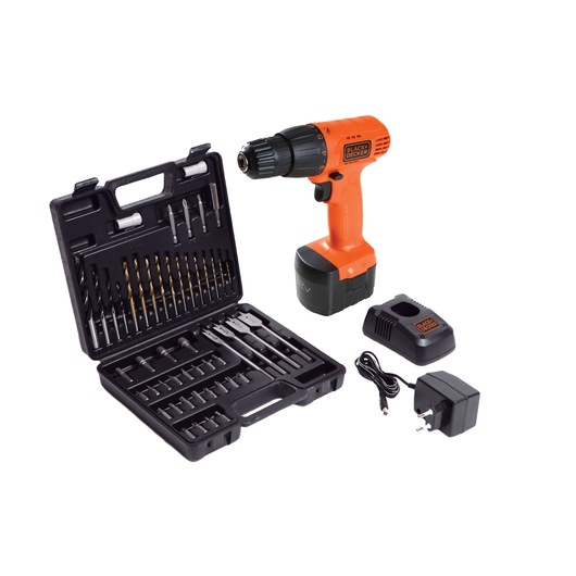 BLACKDECKER CD121K50 cordless drill with black and orange body, drill bit set in open black case, charger, and adapter, front angle.