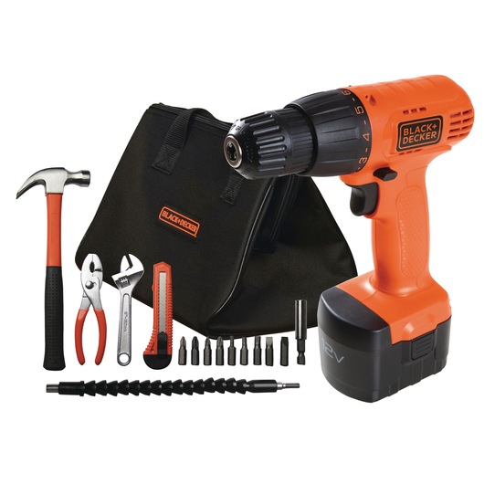 BLACK+DECKER CD121KA cordless drill kit with black tools bag, hammer, pliers, wrench, bits, and accessories, front angle.