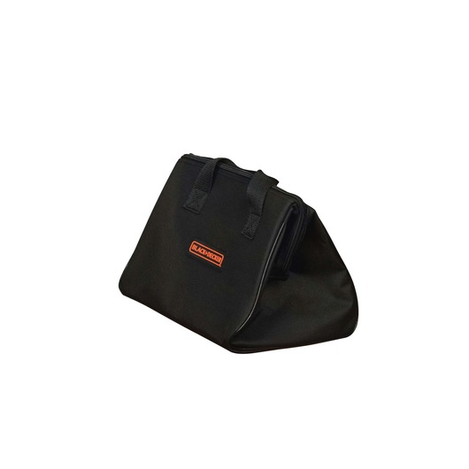 BLACK+DECKER CD121KA black tool bag with handles, side angle on white background.