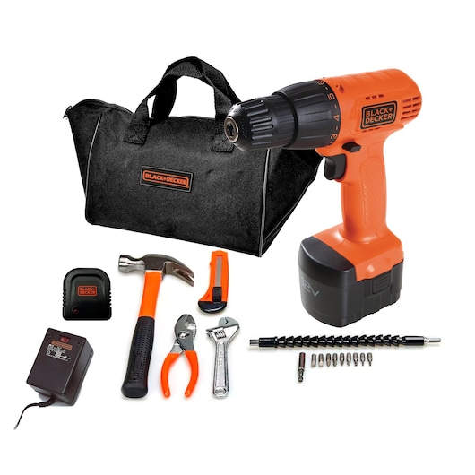 BLACK+DECKER CD121KA cordless drill kit with tools, drill bits, charger, and black carrying bag, front angle.