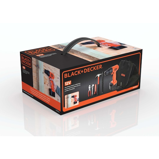 Product packaging for a BLACK+DECKER 12V tool kit. The box displays a cordless drill, hammer, pliers, screwdriver, and a tool bag, all with BLACK+DECKER branding. The packaging is black with orange accents and has a handle for easy carrying.