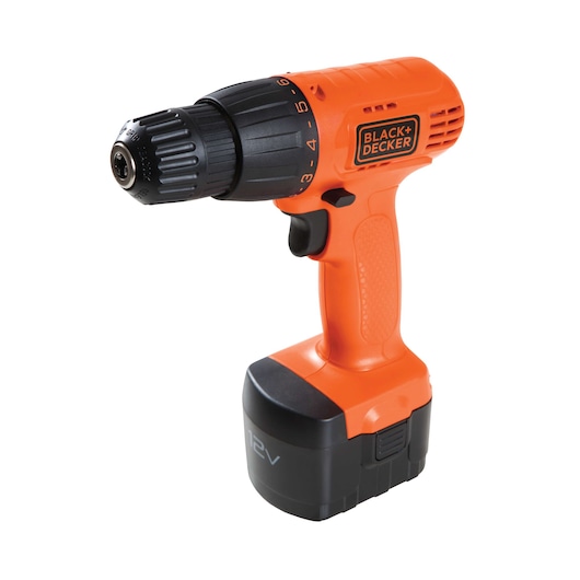 Photo of BLACKDECKER cordless drill CD121K, orange and black, side angle on white background.