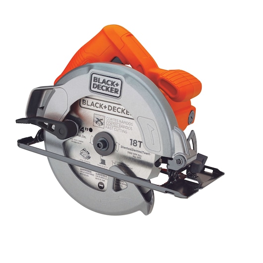 BLACK+DECKER CS1004 circular saw with orange handle and silver blade, side angle on white background.