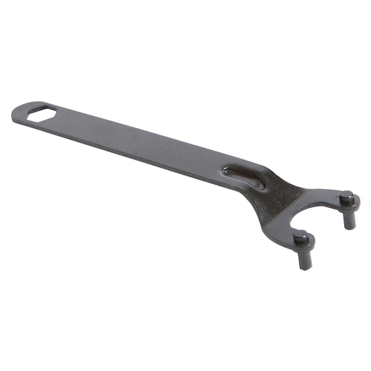 BLACKDECKER CS1004 black metal spanner wrench top angle, tool with two pins and flat handle.