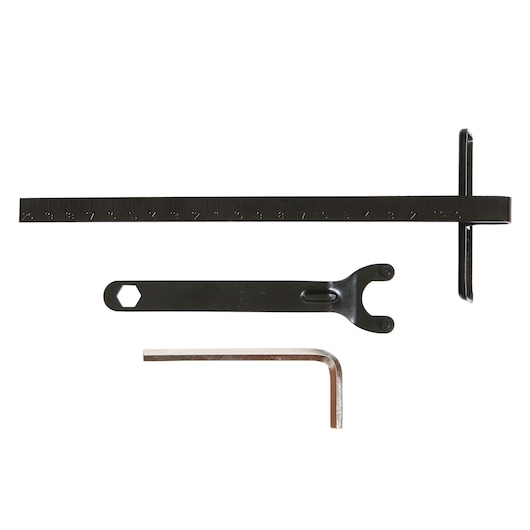 BLACKDECKER CS1004 photography of three metal tool accessories on white background, including ruler, wrench, hex key